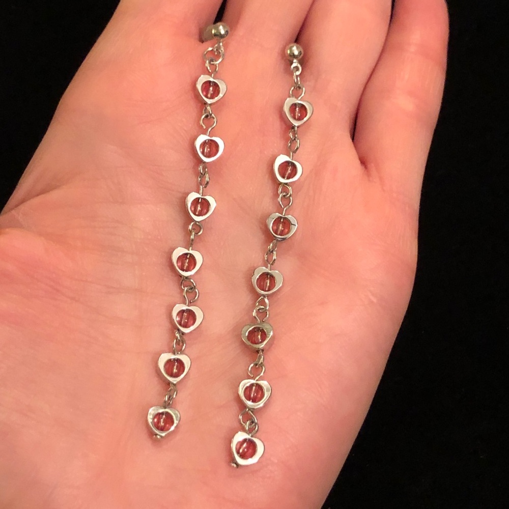 Long Silver and Pink Heart Drop Earrings